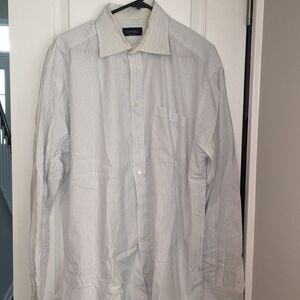 Canali Italy made tan blue stripe men’s work button down dress shirt L